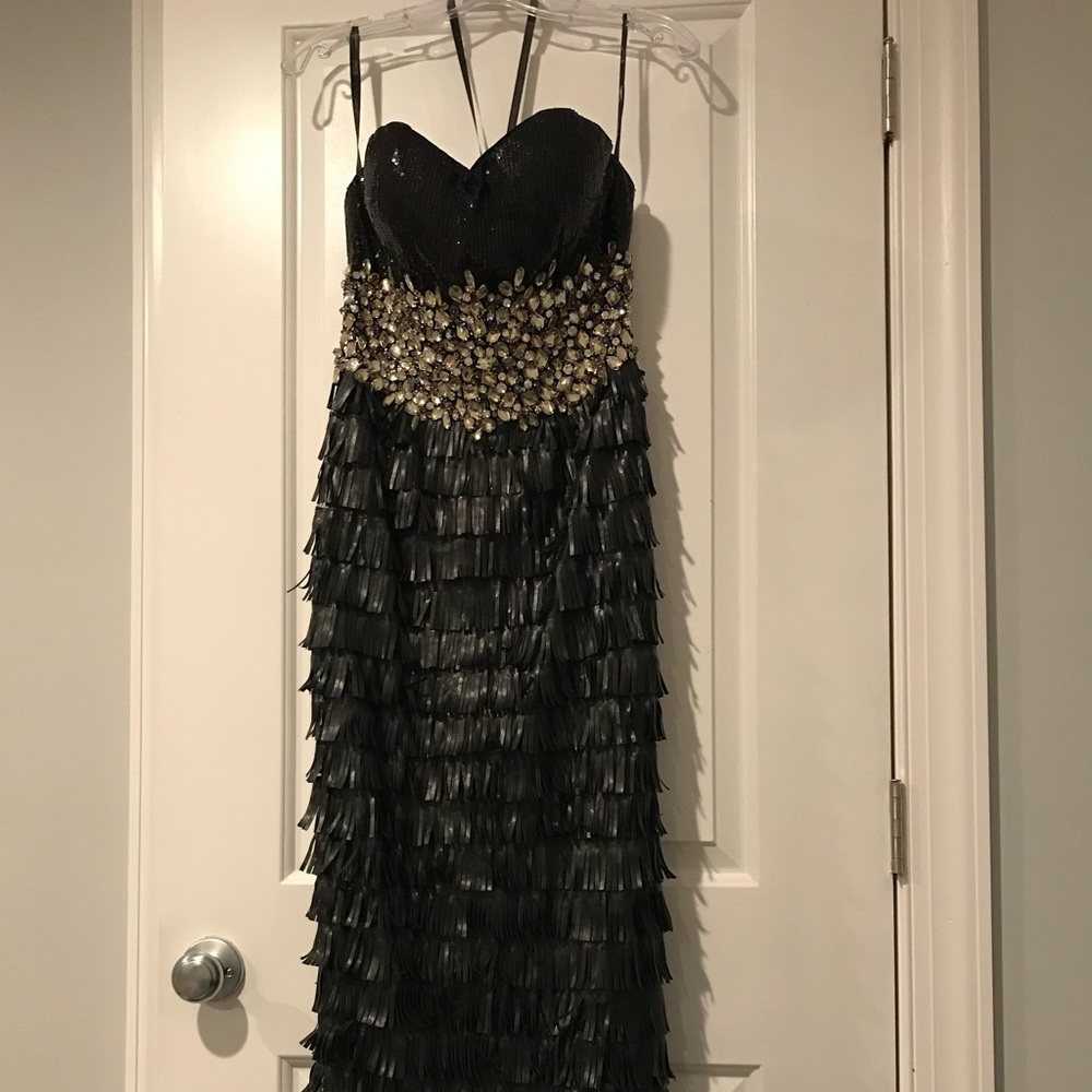 Mac Duggal Black Leather Fringe Dress